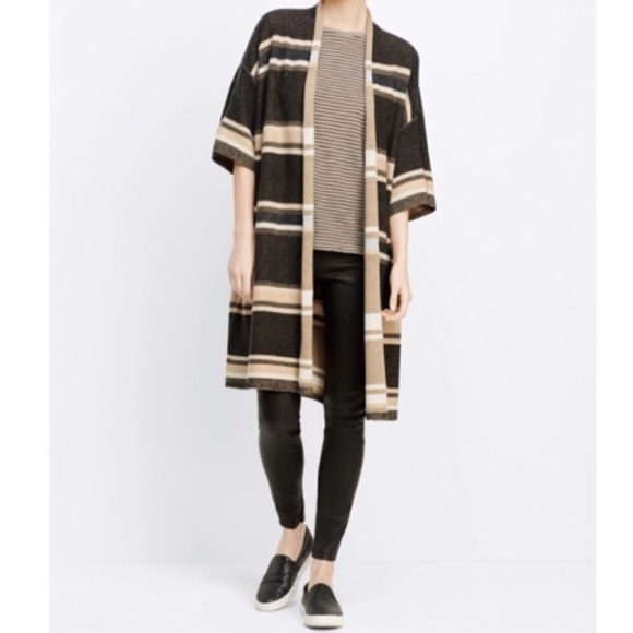 Vince Wool Cashmere Long Open Cardigan Sweater Size Small Black Tan Striped - Picture 5 of 13